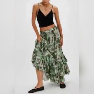 Free People Green and White Asymmetrical Tiered Maxi Skirt